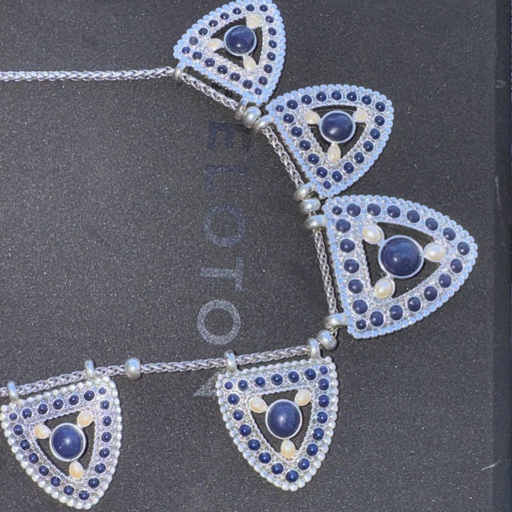 Lucky Brand Silver-Tone Navy and Pearl Triangle Necklace